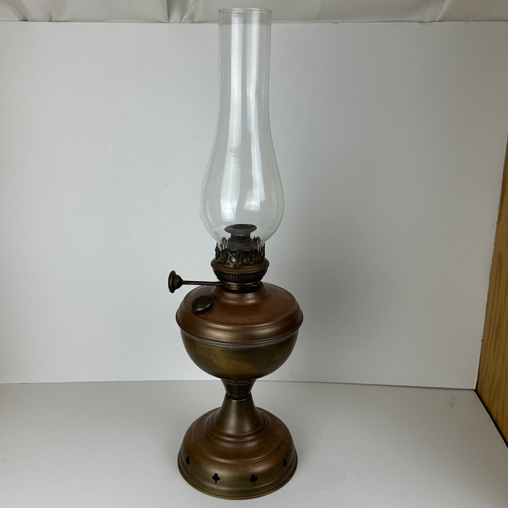 Vintage Copper Brass Kerosene Oil Lamp Glass Chimney Antique Rustic Farmhouse